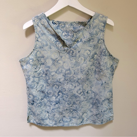 Wild Iris~Watercolor Hand Crafted Sleeveless Artsy Blue Scrolls Cotton Large Top - Picture 10 of 10